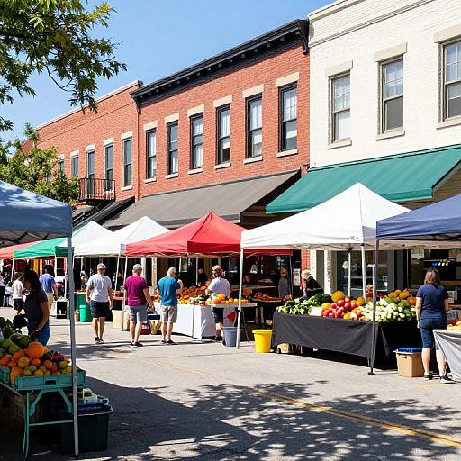 Photograph of a sunny outdoor market with red, white, and green tents, people browsing, colorful fruit displays, and brick buildings.