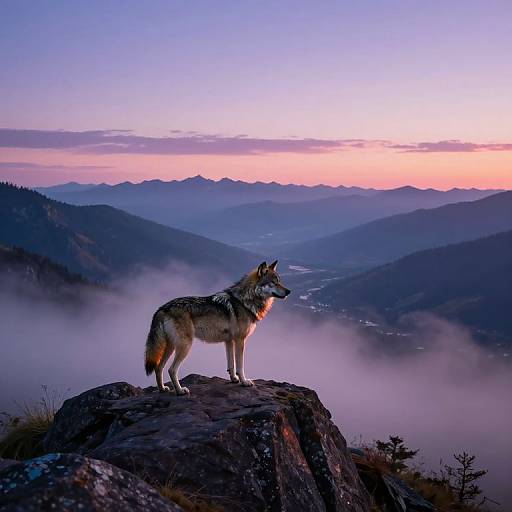 Photograph of a standing wolf with gray and brown fur on a rocky peak, overlooking misty mountains at sunrise with a pink and purple sky.