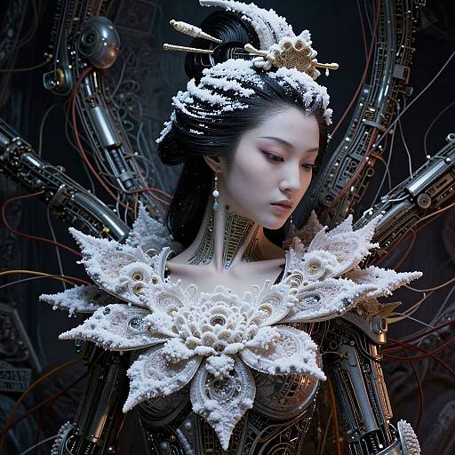 Digital art of an ethereal East Asian woman with pale skin, wearing a white, intricate floral headdress and armor, surrounded by cybernetic machinery