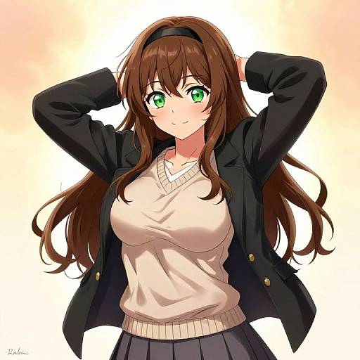 Anime-style digital drawing of a green-eyed, brown-haired girl with long hair, wearing a black blazer, white sweater, and grey skirt, smiling