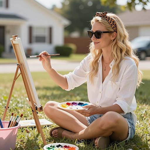 Blonde Artist Creating Outdoor Masterpiece