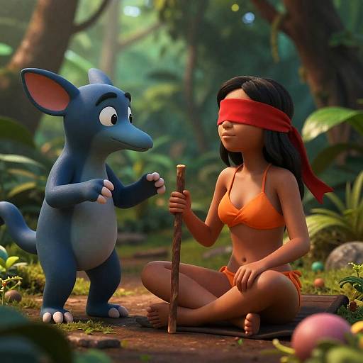 Blindfolded Woman with Cartoon Creature in Jungle