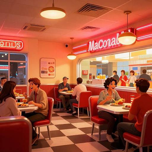 Photograph of a retro 1950s-style diner with red and white checkered floor, neon 
