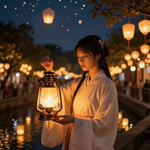 Photograph of an Asian woman with black hair in a white traditional robe, holding a glowing lantern, surrounded by floating lanterns and soft evening lights.