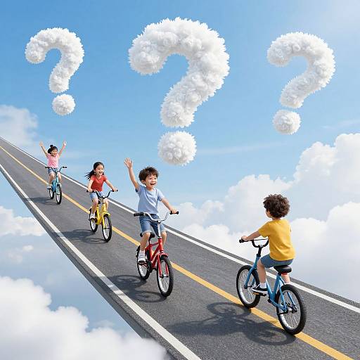 Photograph of five children riding colorful bicycles on a road with question marks in the bright blue sky.