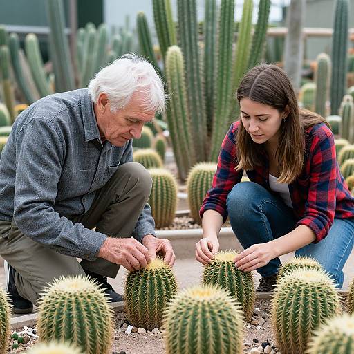 Photograph of an elderly man with white hair and a young woman with brown hair, crouching in a cactus garden, examining small spherical c