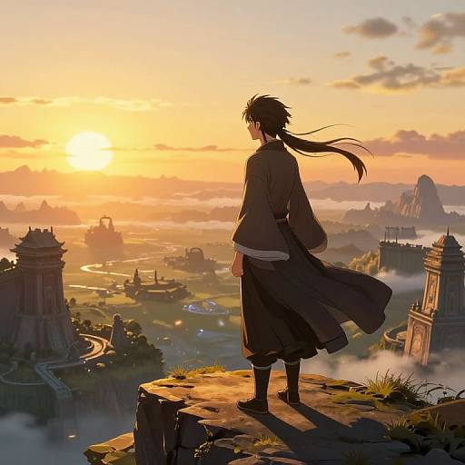 Digital anime-style artwork: Silhouetted young man with long hair and flowing robes stands on cliff, gazing at a golden sunrise over a fantast
