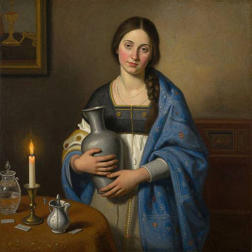 Baroque-style painting of a young woman with fair skin, brown hair, and blue cloak, holding a gray vase, candlelit table.