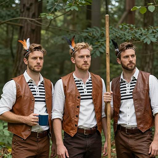Three Men in Forest with Unique Attire