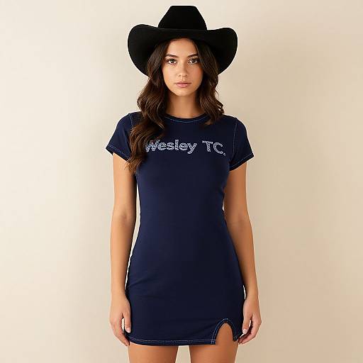 Photograph of a young woman with long brown hair, wearing a black cowboy hat, navy blue 