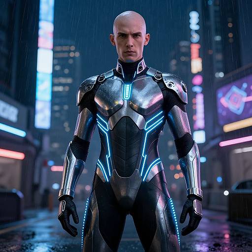 CGI image of a bald, serious man in a shiny, black and silver futuristic suit with blue neon accents, standing in a rainy, neon-l