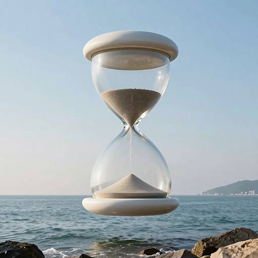 Photograph of a large, transparent hourglass with sand, standing on rocky shoreline against clear blue sky and ocean backdrop.
