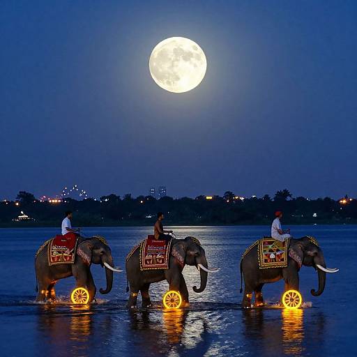 Photograph of three elephants with riders, adorned with colorful blankets, walking in a reflective waterway under a full moon.