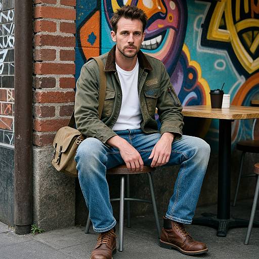 Photograph of a handsome, bearded man with short brown hair, wearing an olive jacket, white shirt, jeans, brown boots, and a tan