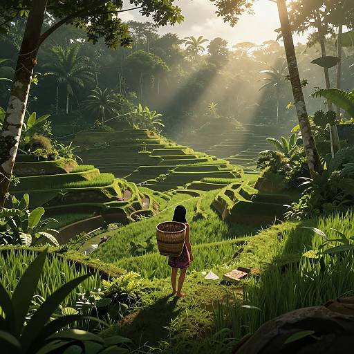 Photograph of a lone woman carrying a woven basket, walking through sunlit, lush, terraced rice fields with tall palm trees.