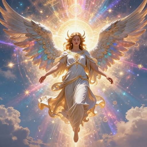 Digital illustration of a radiant angel with golden wings and glowing halo, wearing a flowing white gown, floating in a starry sky with colorful light rays.