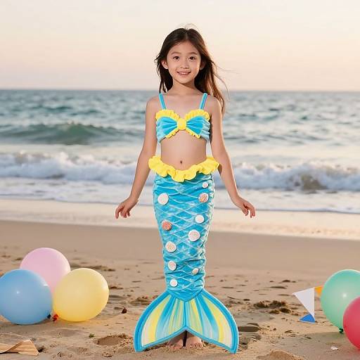 Photograph of a young Asian girl with long brown hair, wearing a bright blue mermaid costume with yellow frills and white polka dots, standing