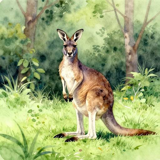 Watercolor-style painting of a kangaroo with brown and white fur, standing on grass in a sunlit forest with tall trees.