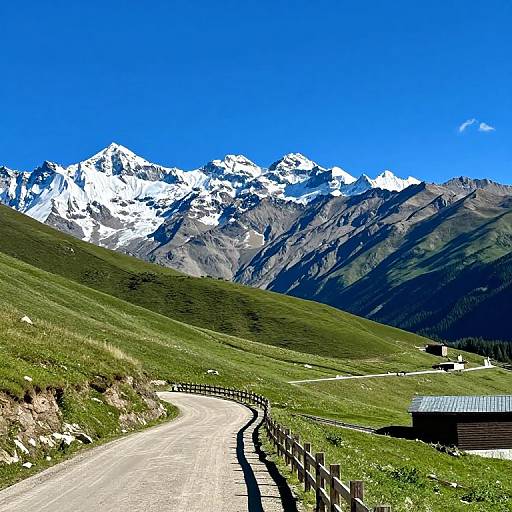 Photograph of a winding mountain road leading to snow-capped peaks under a vibrant blue sky, with lush green hills and a small wooden shed on the