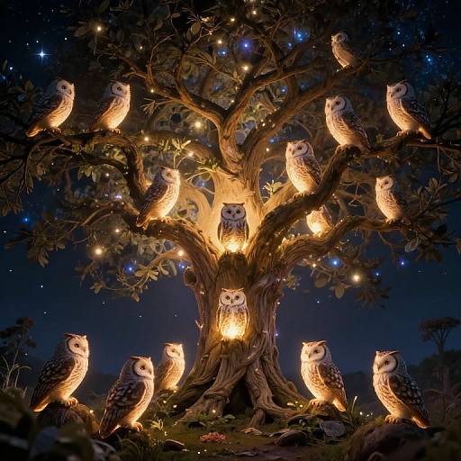 Luminous Owls Gathering Beneath Radiant Tree
