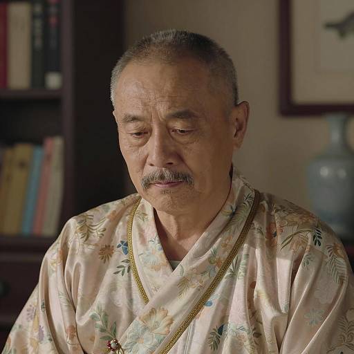 Middle-Aged Man in Floral Robe Pensive Pose