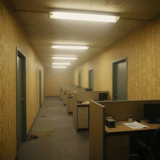 Photograph of a dim, narrow office hallway with yellow patterned wallpaper, fluorescent ceiling lights, beige cubicles, and dark gray doors. The floor