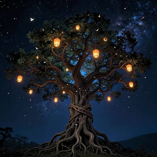 Photograph of a mystical tree with twisted roots, glowing lanterns, and fireflies under a starry, galaxy-filled night sky.
