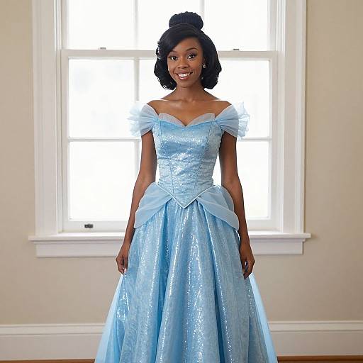 Photograph of a smiling Black woman in a shimmering, light blue off-shoulder Cinderella-style ball gown, standing in front of a bright