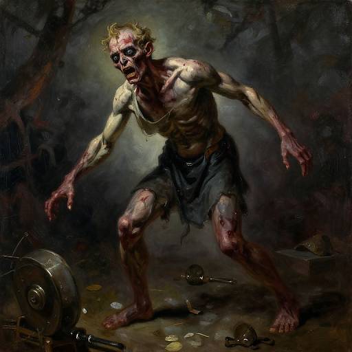 Dark, digital painting of a muscular, undead, shirtless zombie with bloody skin, tattered pants, and a frightened expression, crouching near