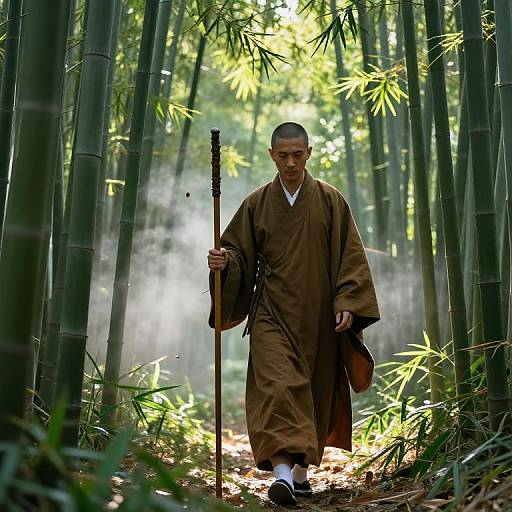 Photograph of a serious Buddhist monk with shaved head, wearing brown robes, holding a staff, walking through a misty bamboo forest.