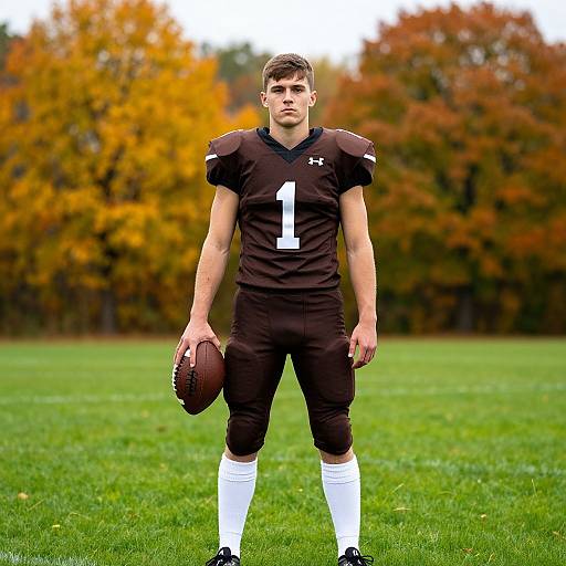 Photograph of a young white male football player in black uniform with white number 1, holding a football, standing on green field with autumn trees in