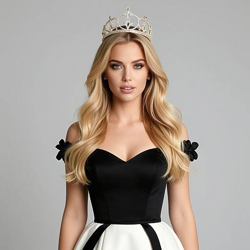 Photograph of a blonde woman with wavy hair, wearing a sparkling tiara, black off-shoulder top, and white skirt, against a