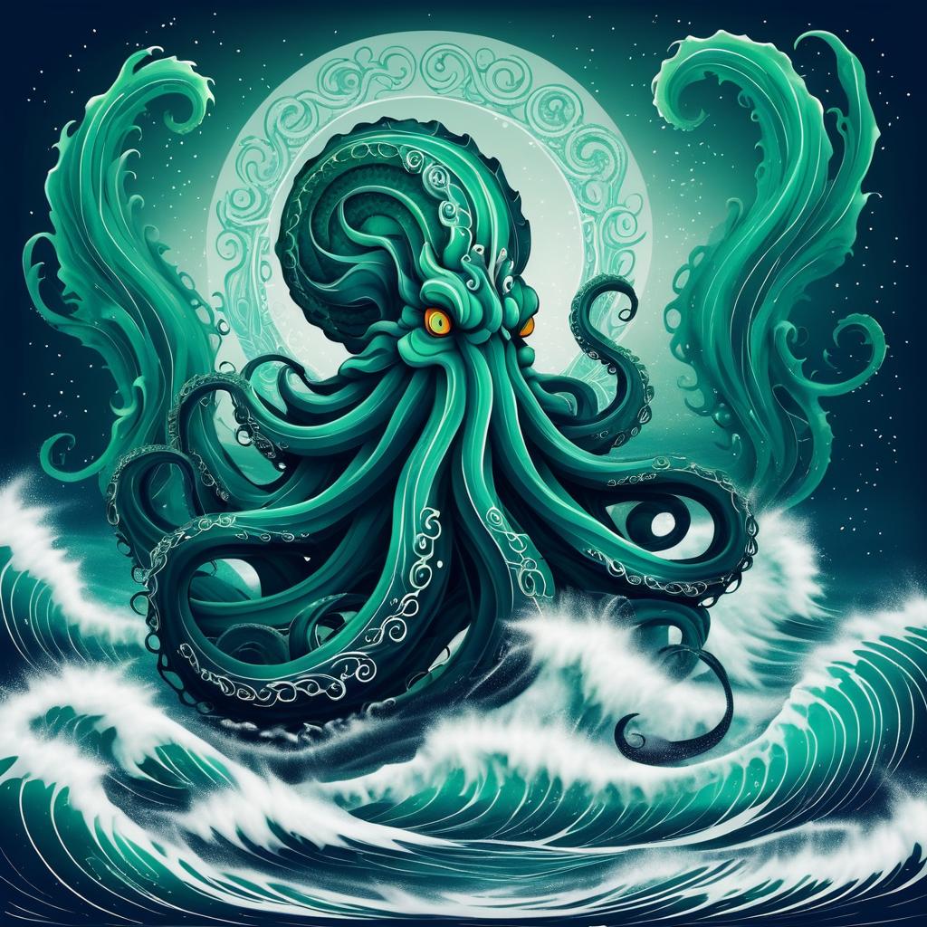 Elegant Kraken Amidst Majestic Waves