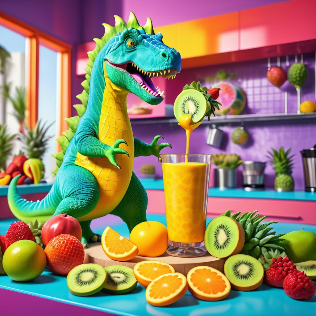 Dinosaur Making a Smoothie in Surreal Colors