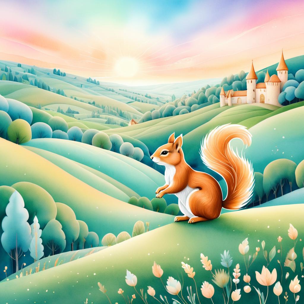 Whimsical Brave Squirrel in Pastel Landscape