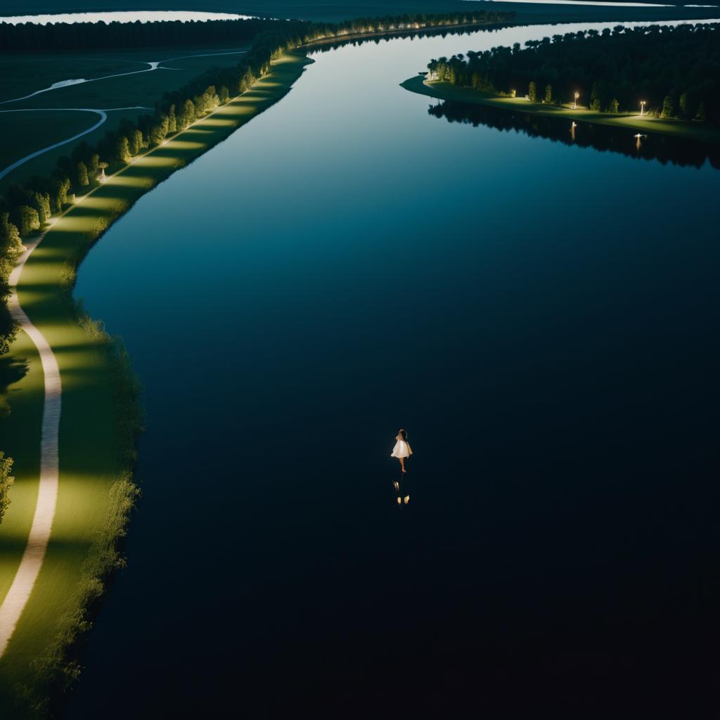 Aerial Night Shot of Woman at Lakeside