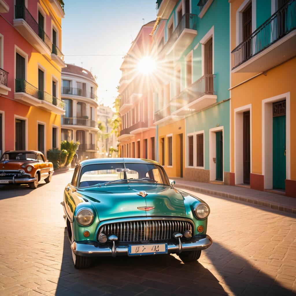 Vintage Car in Colorful Street Scene