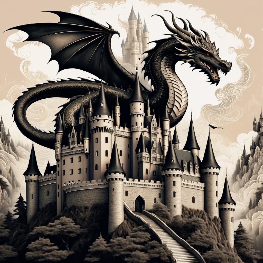 Dragon Soaring Above a Fantasy Castle