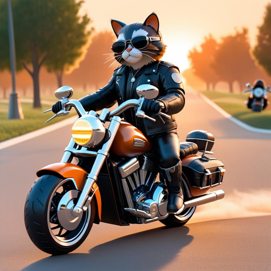 Biker Cat Chilling on Harley at Sunset