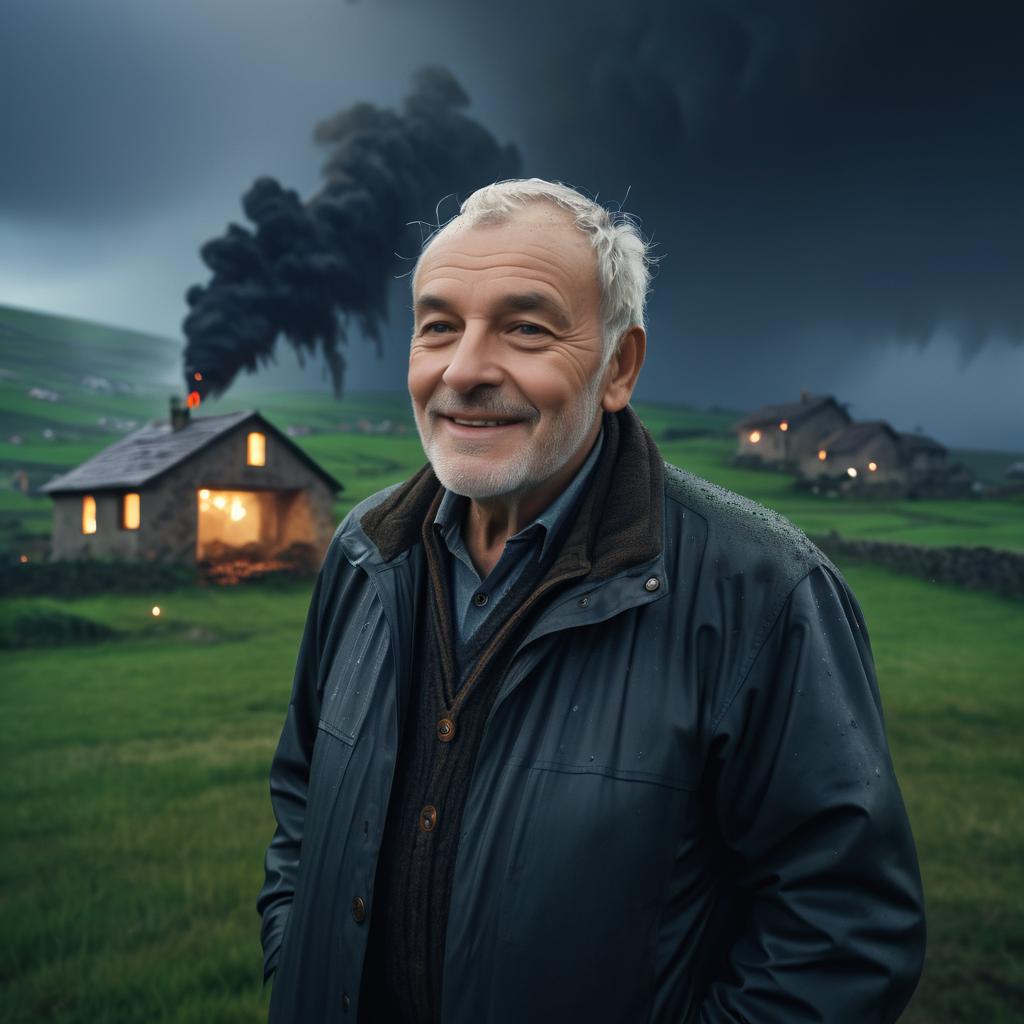 Joyful Elderly Man in Stormy Village