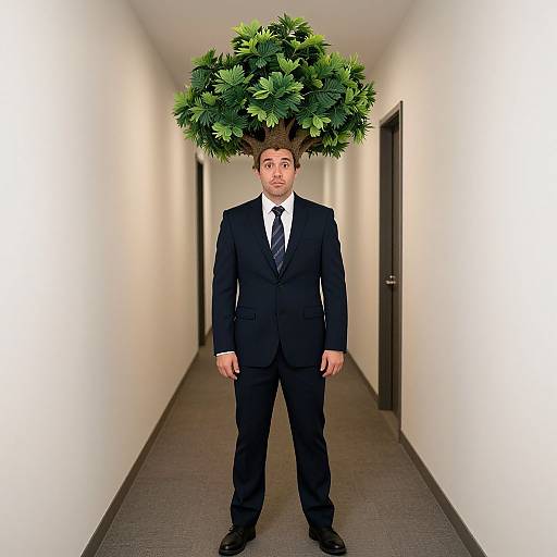 Photograph of a man in a black suit and tie, standing in a white hallway with a green leafy tree growing from his head.