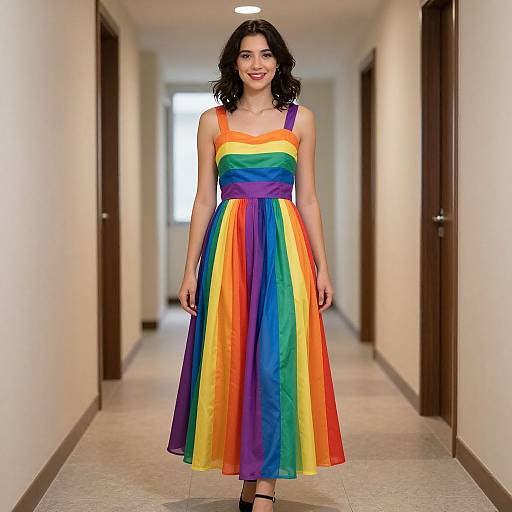 Photograph of a smiling woman with wavy black hair, wearing a vibrant rainbow-colored, sleeveless, strapless dress, standing in a beige hallway