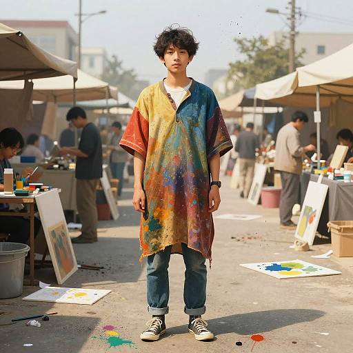 Young Painter in Floating Paint Splatters