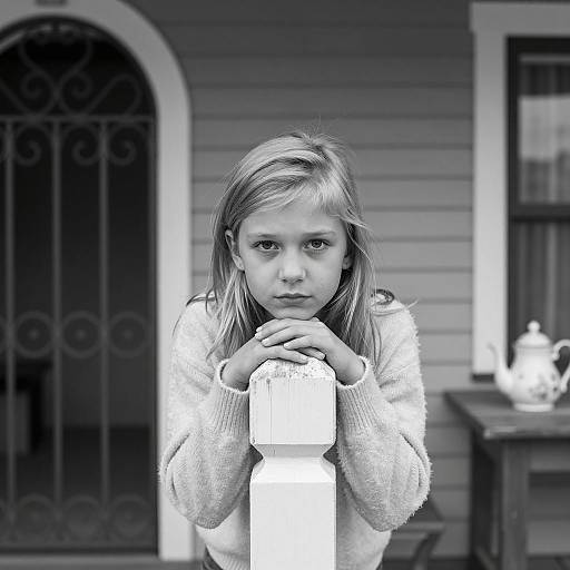 Black and White Portrait of Young Girl Leaning on Post