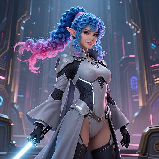 Digital art of a blue-haired, elf-like woman in futuristic armor, with pink-tinted curls, glowing light, and neon-lit sci-fi