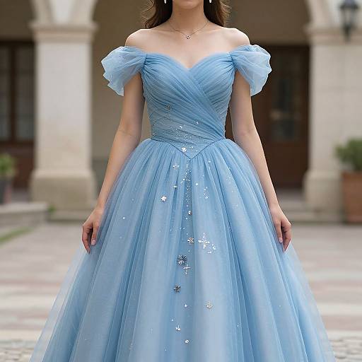 Photograph of a woman in an off-shoulder, light blue, sparkling ball gown with puffed sleeves, standing in a cobblestone courtyard