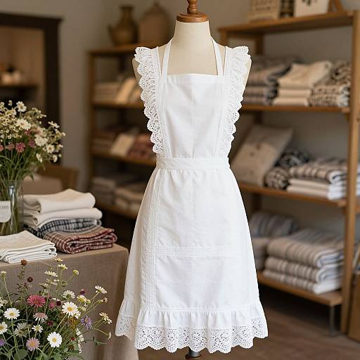 Photograph of a white, sleeveless, lace-trimmed apron dress on a wooden mannequin in a cozy, rustic sewing shop with