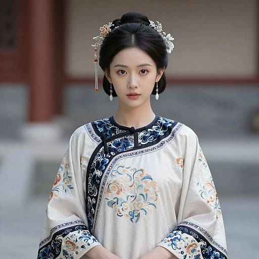 Photograph of a young Asian woman with fair skin, black hair in an updo, wearing a white floral kimono with navy trim, traditional hair