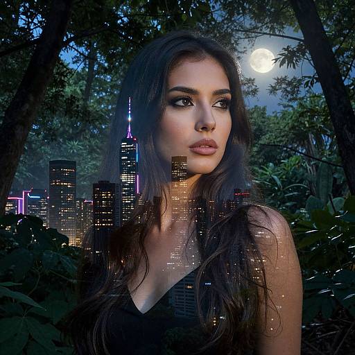 Photograph-style digital artwork of a beautiful woman with long dark hair, wearing a black top, standing in a moonlit forest, with a city skyline