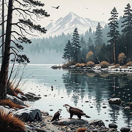 Misty Winter Lakeside with Eagles and Trout
